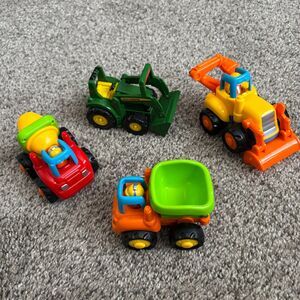 Lot Of 4 Assorted Play Set Vehicles John Deere Backhoe Dump Cement Trucks